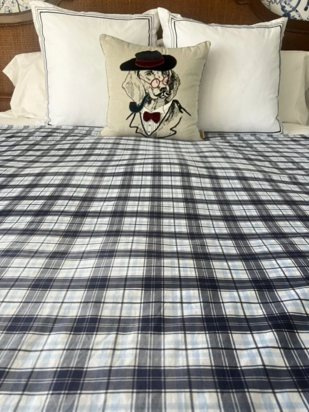 POTTERY BARN KIDS Plaid Duvet Cover Twin Navy Blue White 100% Cotton Children